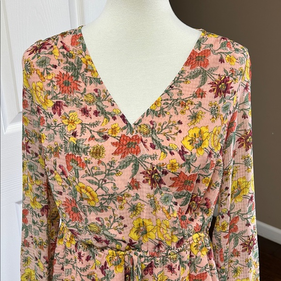 New LOFT M Garden Flounce Peach Floral A Line Long Sleeve Pink NWOT Size Medium - Picture 3 of 9